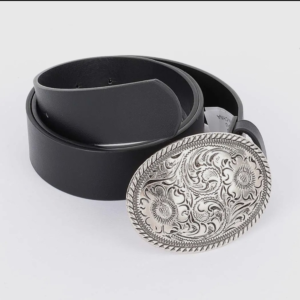 Black Faux Leather Belt with Silver Buckle